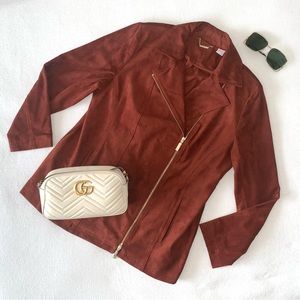 CHICO’S Faux Suede Long Double-Zip Moto Jacket Whiskey color size 2X GORGEOUS